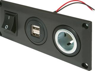  USB-A x 2gb., 12V ligzda, slēdzis